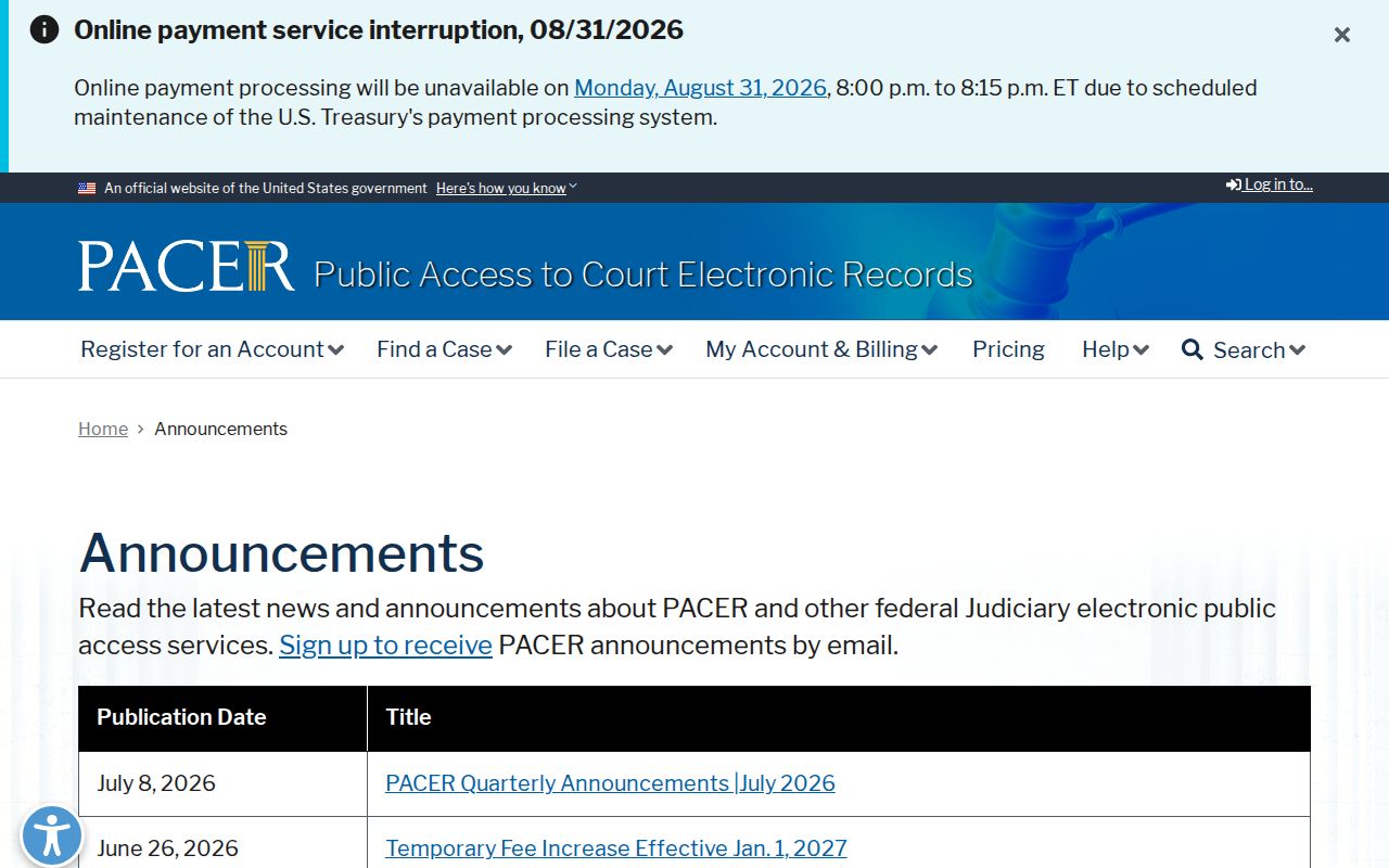 Wayne County court calendar PACER service announcements page